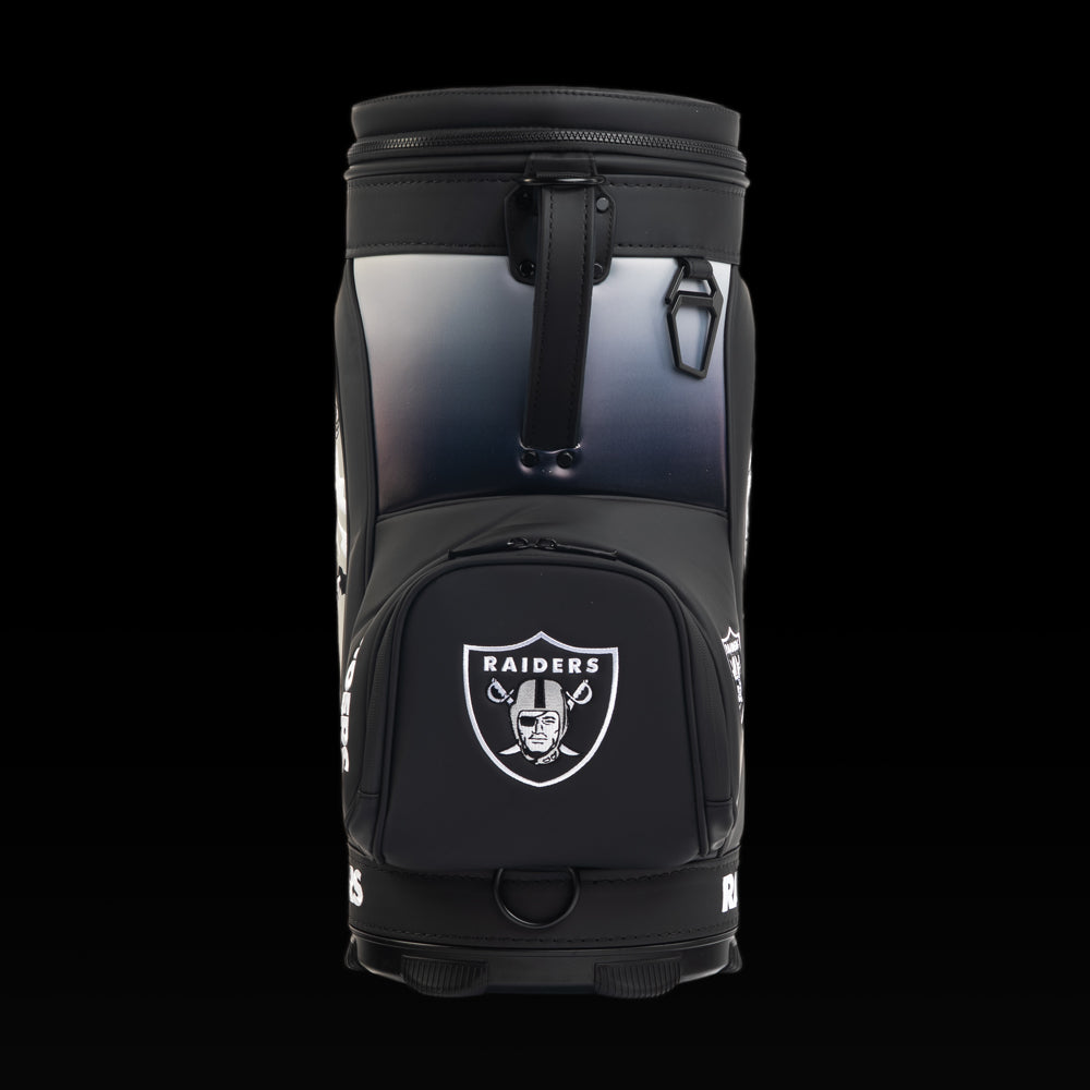 Front view of the SWAG Golf Las Vegas Raiders Den Caddy Cooler with an embroidered Raiders shield on the front pocket.