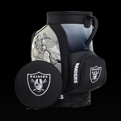 Las Vegas Raiders Den Caddy Cooler displayed with the removable embroidered lid beside the cooler.