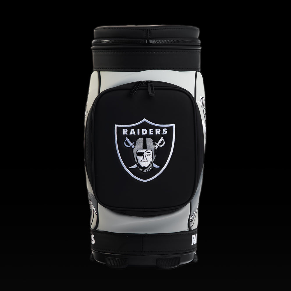 Rear view of the SWAG Golf Las Vegas Raiders Den Caddy Cooler with black, silver, and gray color blocking.