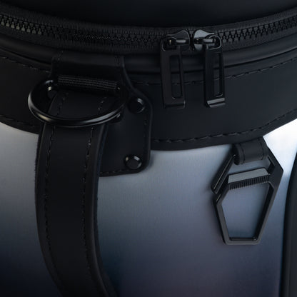 Close-up of the Las Vegas Raiders Den Caddy Cooler zipper, handle, and black and gray panels.