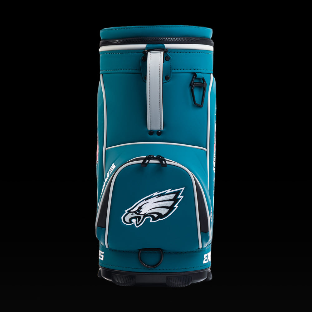Front view of the SWAG Golf Philadelphia Eagles Den Caddy Cooler with an embroidered Eagles logo on the front pocket.
