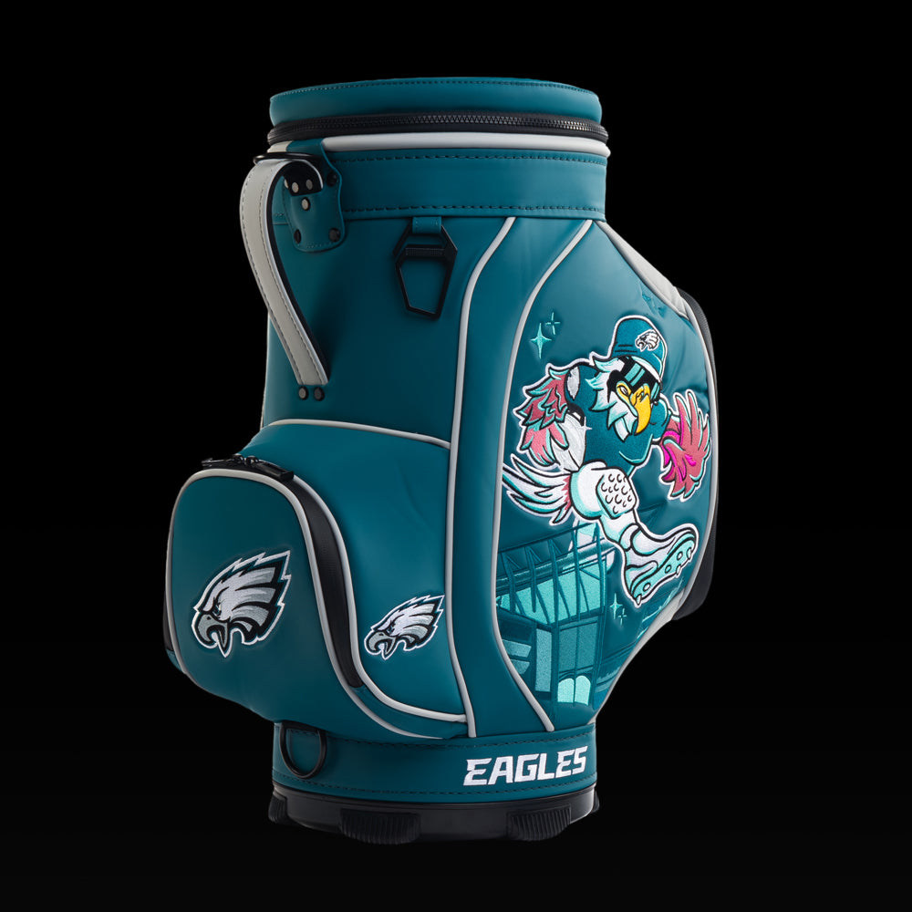 Angled view of the SWAG Golf Philadelphia Eagles Den Caddy Cooler showcasing the Eagle mascot artwork and embroidered Eagles logo pocket.