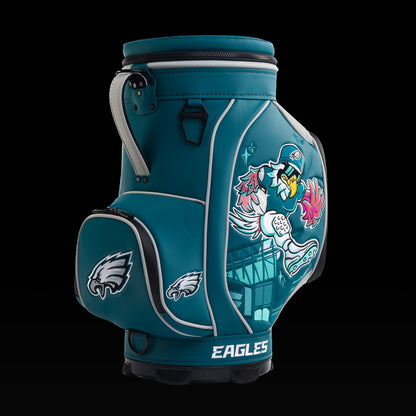 Angled view of the SWAG Golf Philadelphia Eagles Den Caddy Cooler showcasing the Eagle mascot artwork and embroidered Eagles logo pocket.