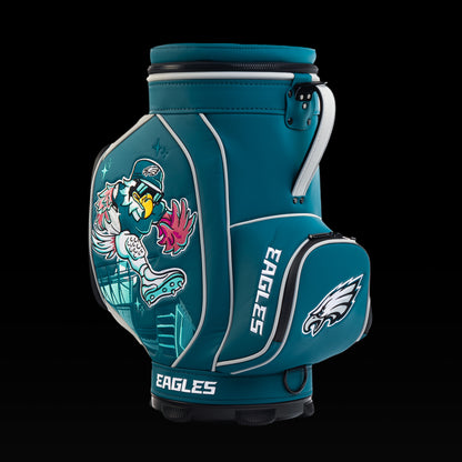 SWAG Golf Philadelphia Eagles Den Caddy Cooler featuring Eagle mascot artwork, midnight green graphics, and an embroidered Eagles logo pocket.