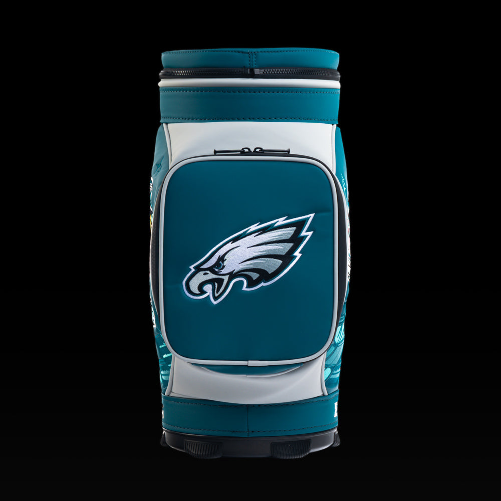 Rear view of the SWAG Golf Philadelphia Eagles Den Caddy Cooler with midnight green and silver color blocking.