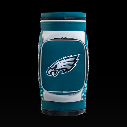Rear view of the SWAG Golf Philadelphia Eagles Den Caddy Cooler with midnight green and silver color blocking.