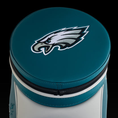 Top view of the removable Philadelphia Eagles lid with an embroidered Eagles logo.