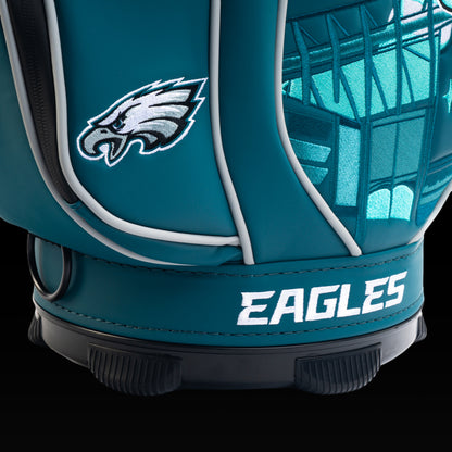 Close-up of the embroidered Eagles logo on the front pocket with the Eagle mascot artwork in the background.