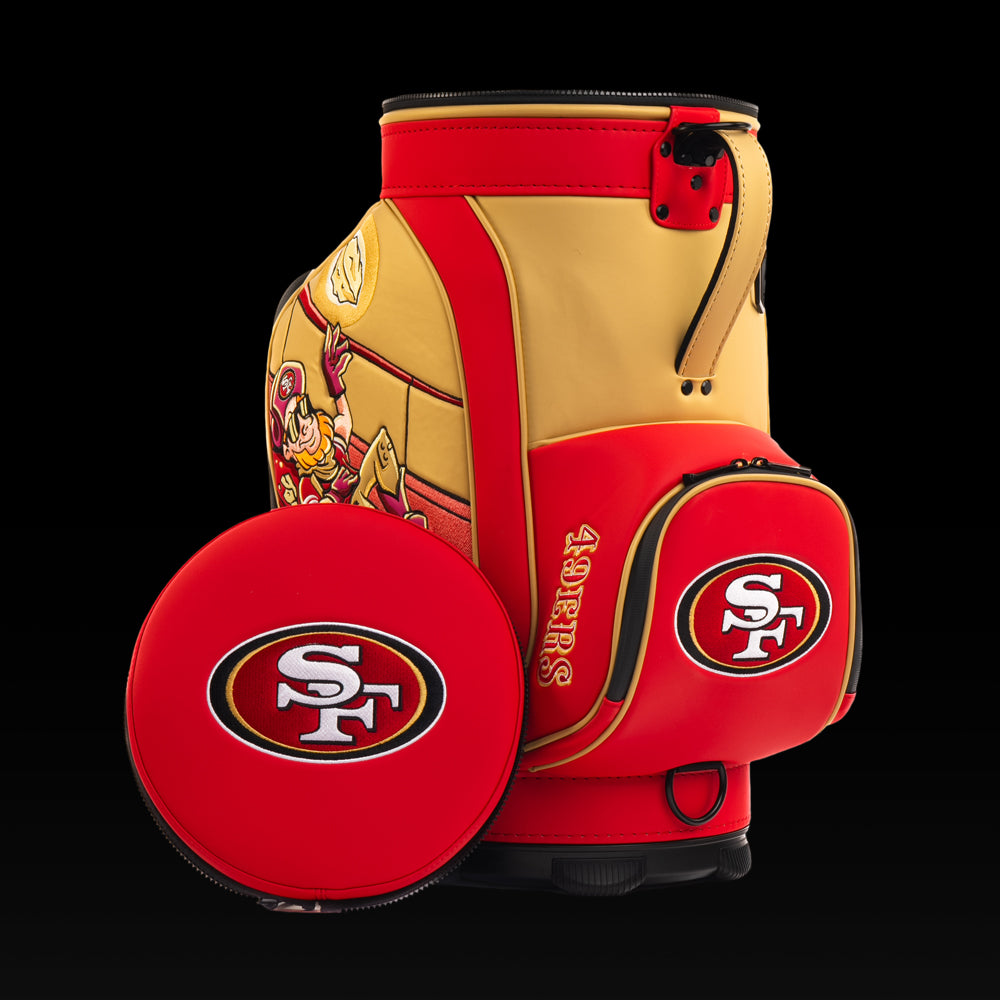 San Francisco 49ers Den Caddy Cooler displayed with the removable embroidered lid beside the cooler.