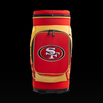 Rear view of the SWAG Golf San Francisco 49ers Den Caddy Cooler with red and gold color blocking.