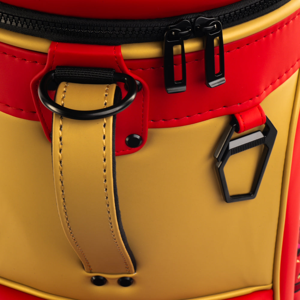 Close-up of the San Francisco 49ers Den Caddy Cooler zipper, handle, and red and gold panels.