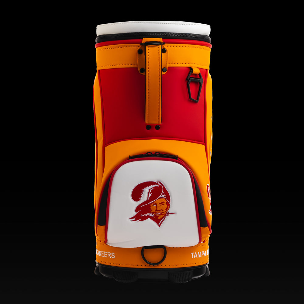 Front view of the SWAG Golf Tampa Bay Buccaneers Den Caddy Cooler with an embroidered Buccaneers logo on the front pocket.