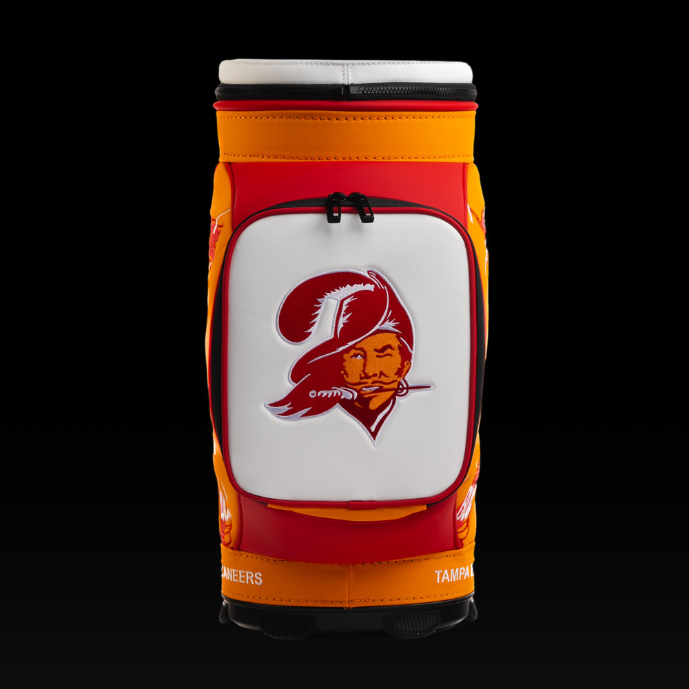 Rear view of the SWAG Golf Tampa Bay Buccaneers Den Caddy Cooler with red and orange color blocking.