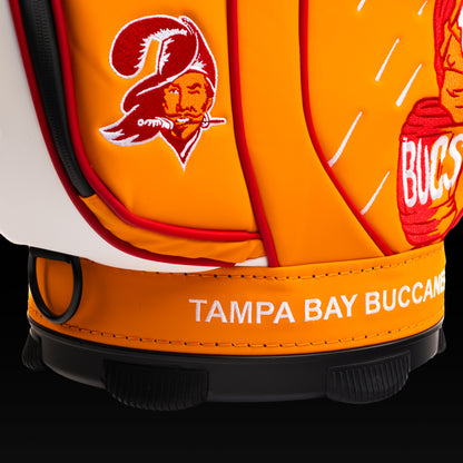 Close-up of the embroidered Buccaneers logo on the front pocket with the vintage pirate artwork in the background.