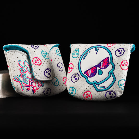 Vice Skull 2.0 white, aqua, and pink mallet putter golf headcover made in the USA.