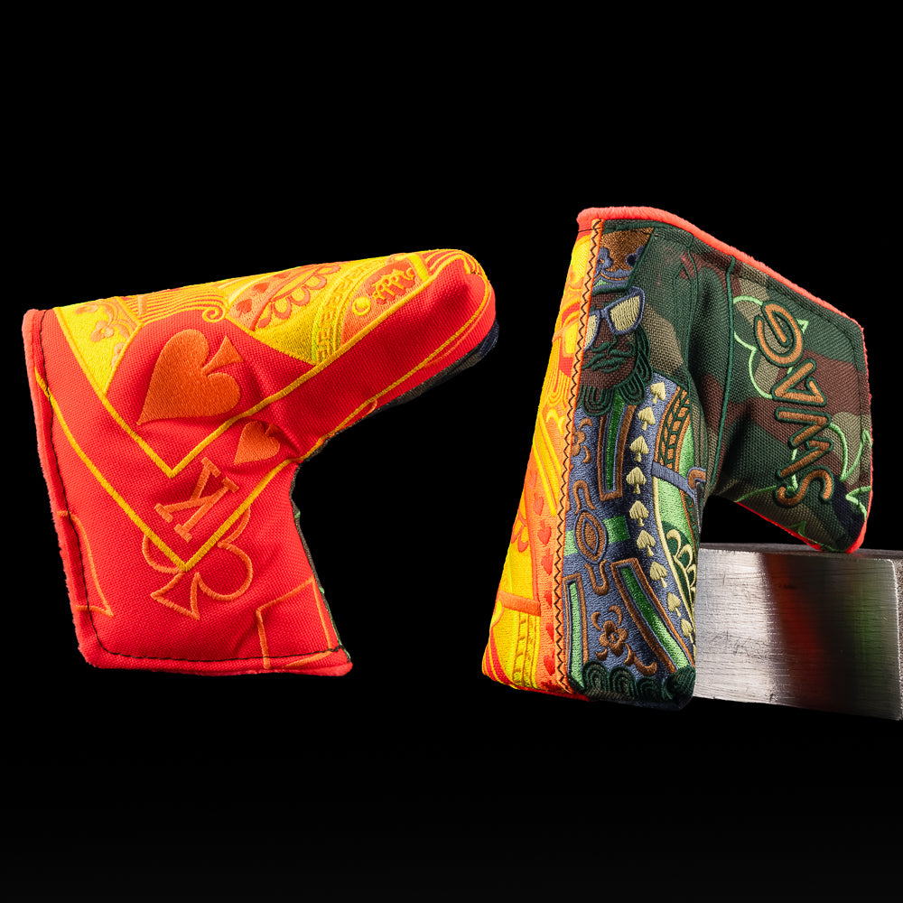 Invisible King Blade Putter Headcover featuring camo and neon orange playing card design with SWAG logo.