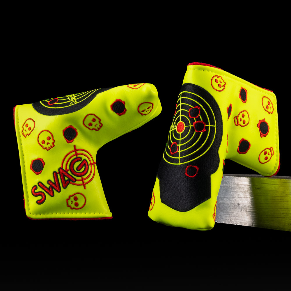 Target Practice Blade Headcover featuring neon yellow design with skull and target graphics by SWAG Golf.