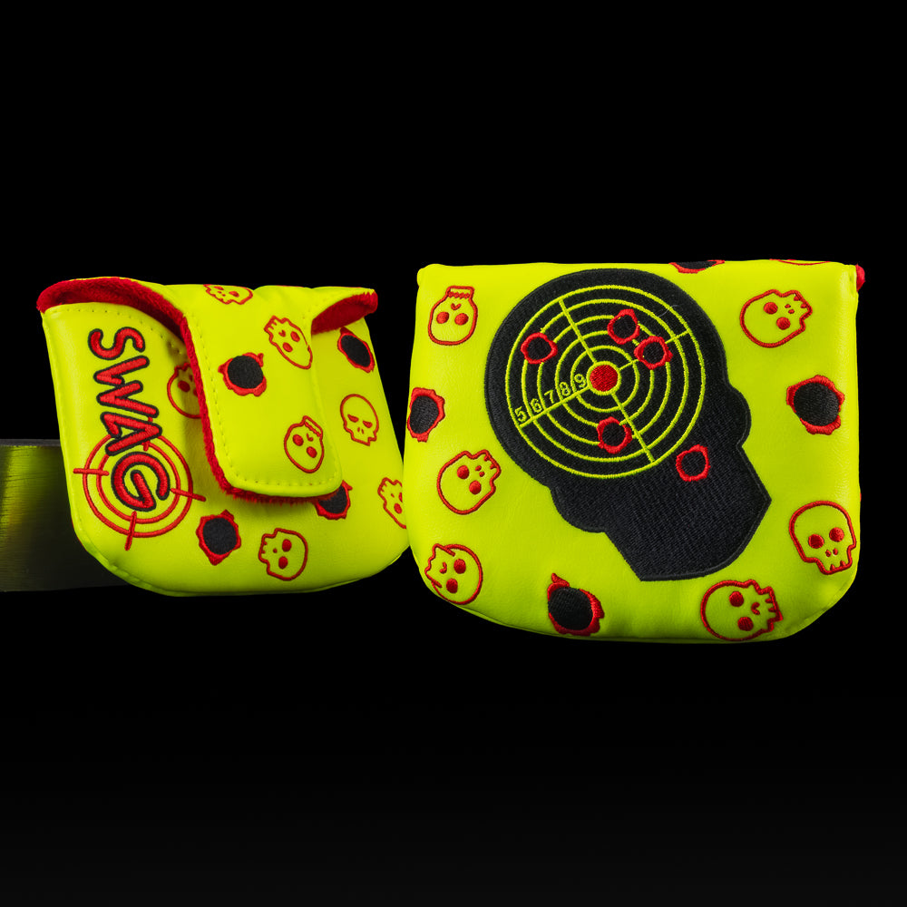 Target Practice Mallet Headcover featuring neon yellow skull design with target and bullet-hole graphics.