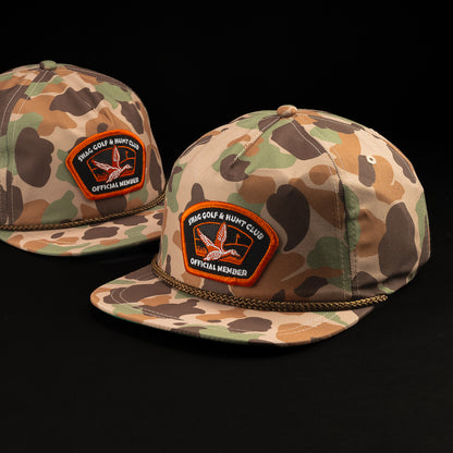 SWAG x Imperial camouflage brown, green, tan rope hat with flying duck SWAG patch.