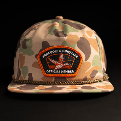 SWAG x Imperial camouflage brown, green, tan rope hat with flying duck SWAG patch.