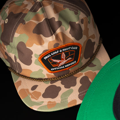 SWAG x Imperial camouflage brown, green, tan rope hat with flying duck SWAG patch.