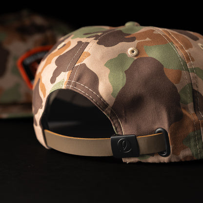 SWAG x Imperial camouflage brown, green, tan rope hat with flying duck SWAG patch.