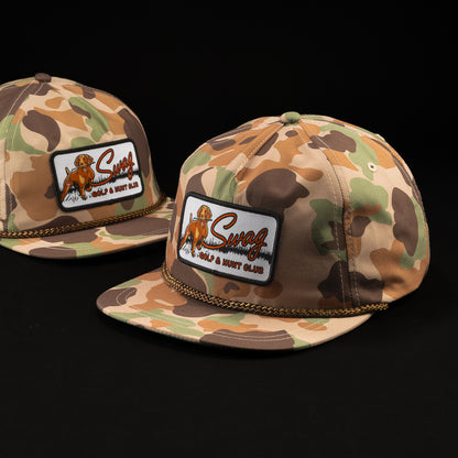 SWAG x Imperial camouflage brown, green, tan rope hat with hunting dog SWAG patch.