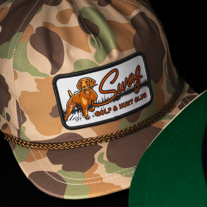 SWAG x Imperial camouflage brown, green, tan rope hat with hunting dog SWAG patch.