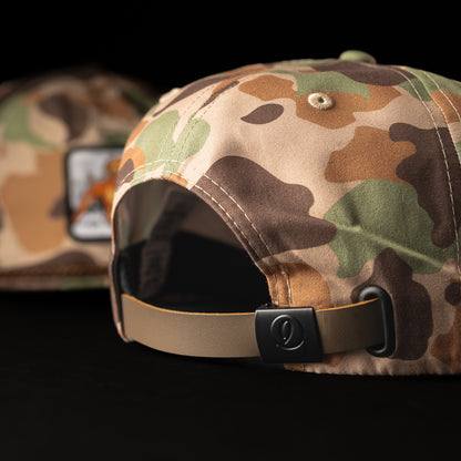 SWAG x Imperial camouflage brown, green, tan rope hat with hunting dog SWAG patch.