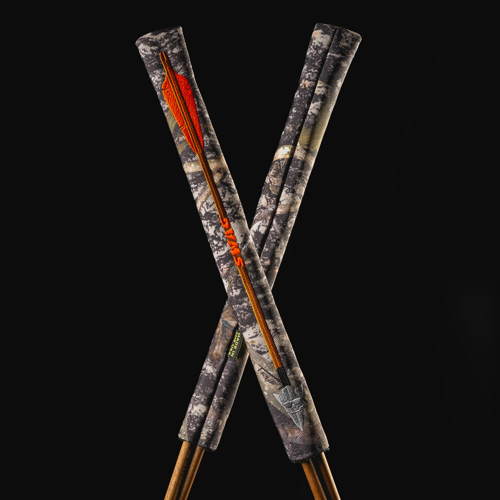 SWAG Golf arrow themed Alignment Sticks Cover in brown camouflage with orange and brown stitching. 