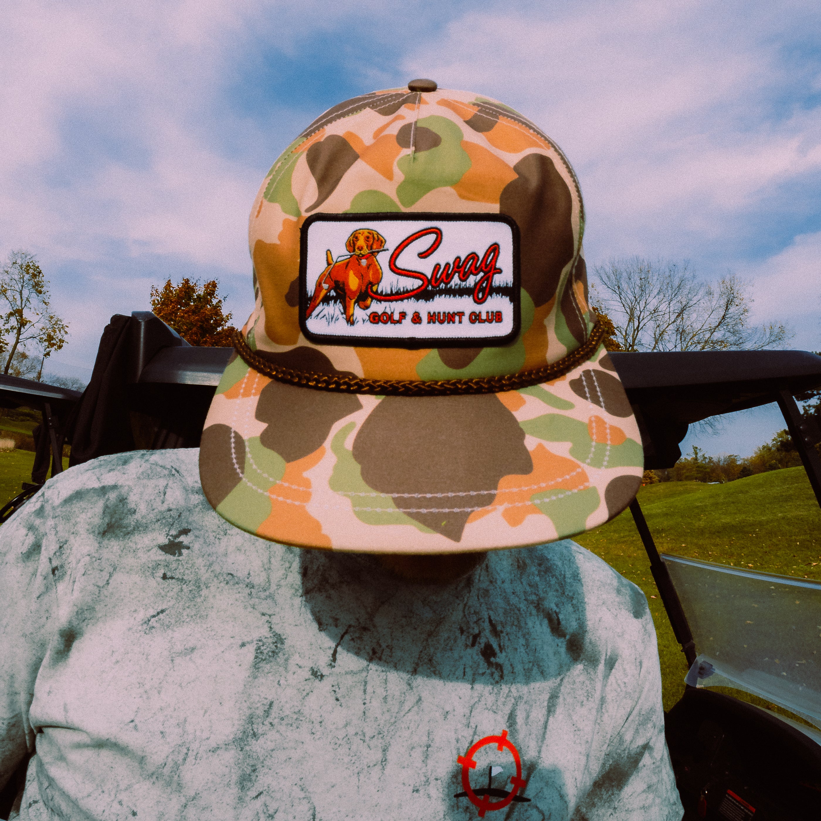 SWAG x Imperial camouflage brown, green, tan rope hat with hunting dog SWAG patch.