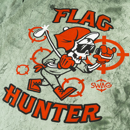 SWAG Golf green and white camouflage Flag Hunter garment dyed men's short sleeve golf T-Shirt with orange target and white flag pin on the left chest. 