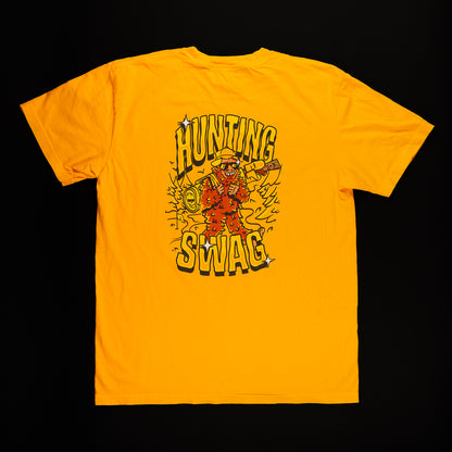  Orange T-Shirt with Sasquatch man wearing a hat, sunglasses and hunting gear. Hunting SWAG writing in orange, yellow and black. 