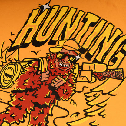  Orange T-Shirt with Sasquatch man wearing a hat, sunglasses and hunting gear. Hunting SWAG writing in orange, yellow and black. 