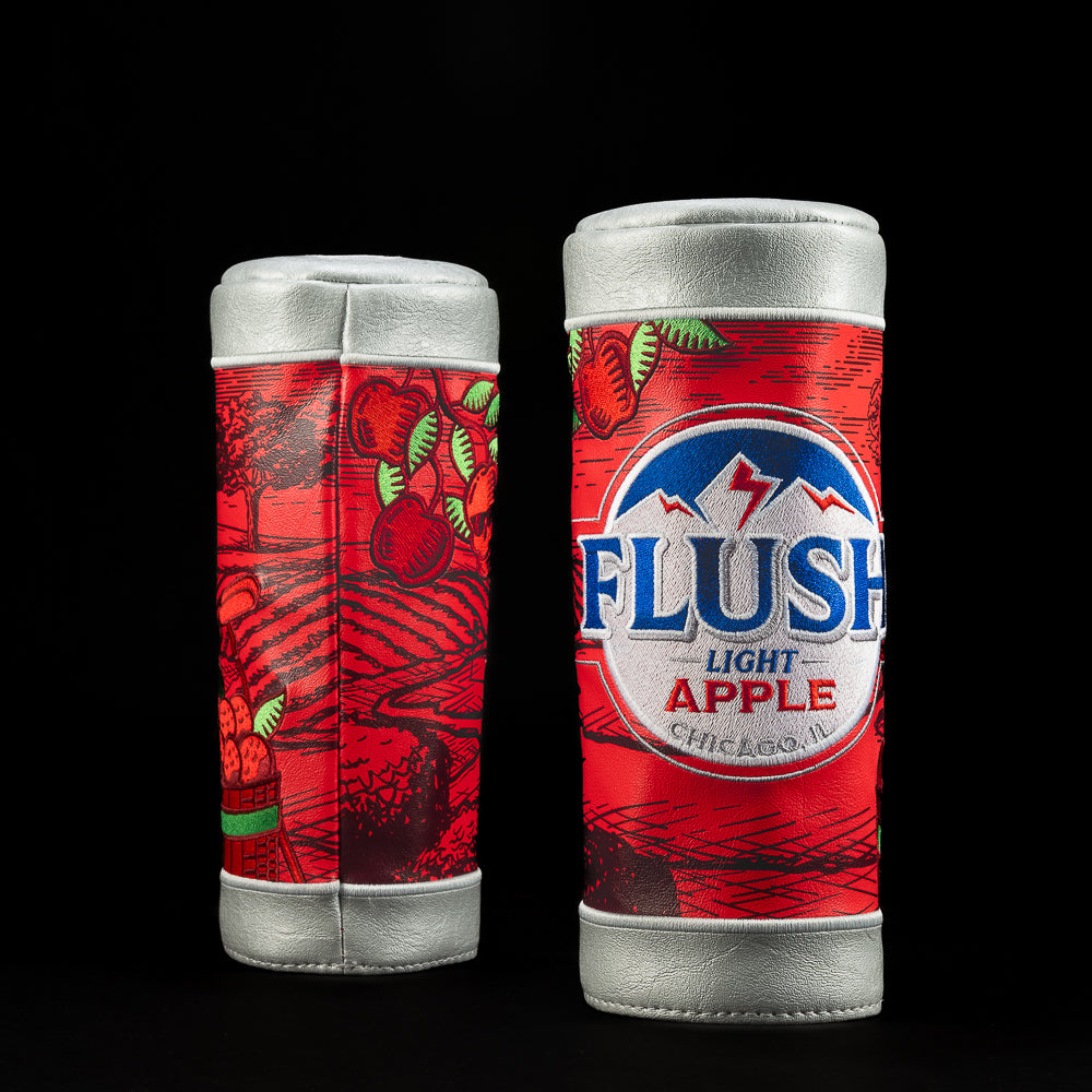 Flush Apple Ale Fairway Headcover featuring red apple-orchard design with silver trim and SWAG Flush logo.