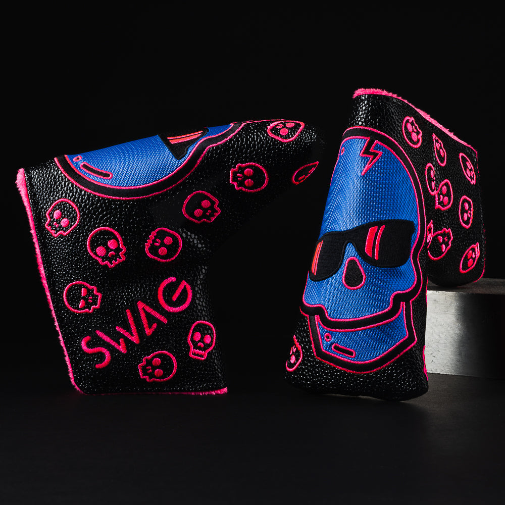 Hyper Blue Skull black, blue and pink blade golf head cover made in the USA.