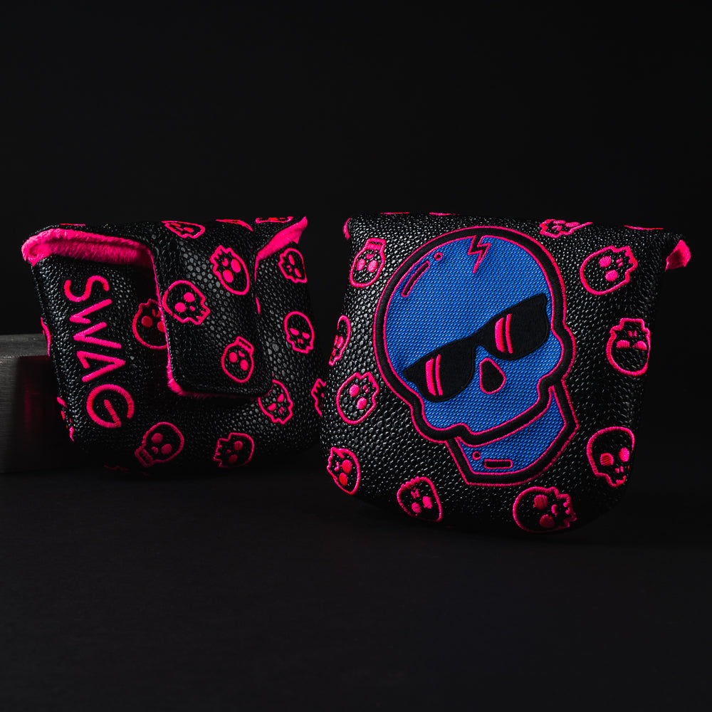 Hyper Blue Skull black, blue and pink mallet putter golf head cover made in the USA.