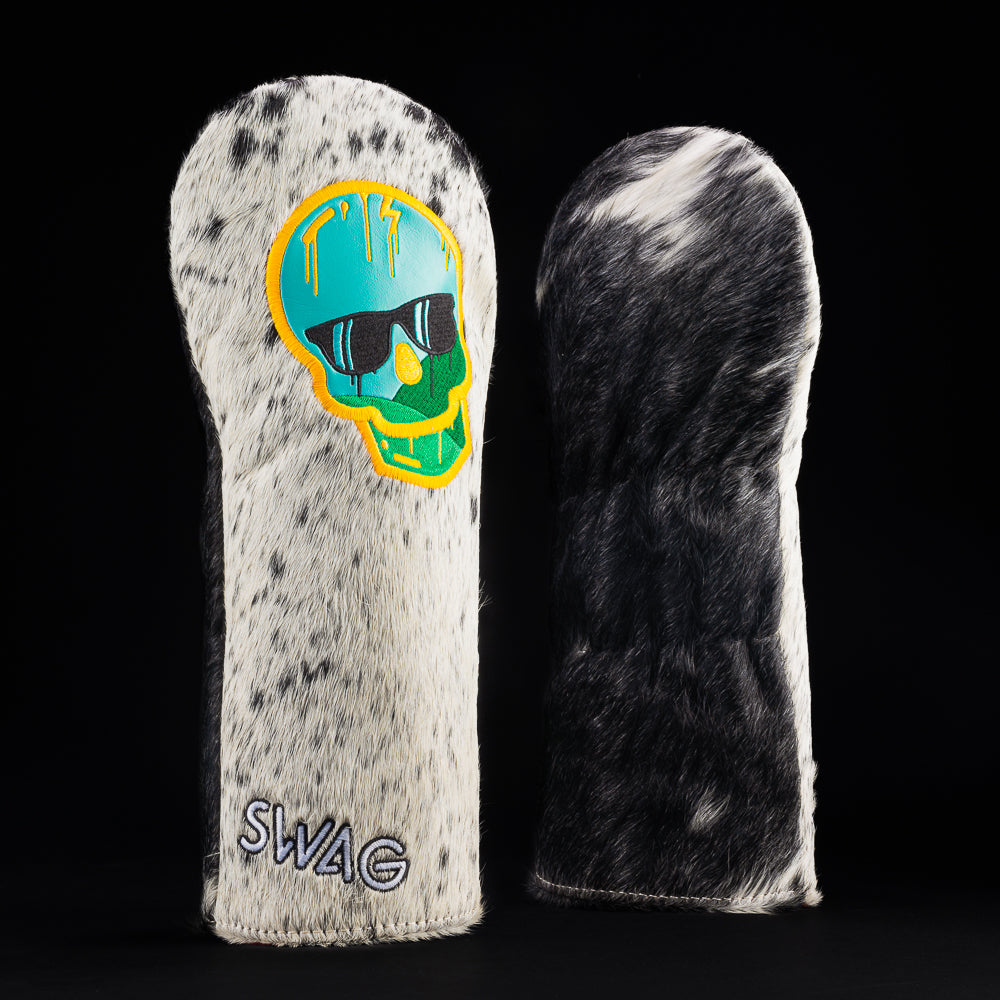 Chunky Bunky Skull white and black cowhide with yellow, green and blue driver golf club head cover. Made in the USA.