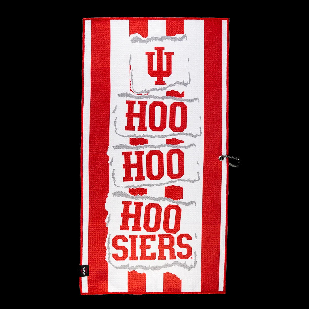 Indiana University red and white striped golf towel with HOO HOO HOOSIERS text.