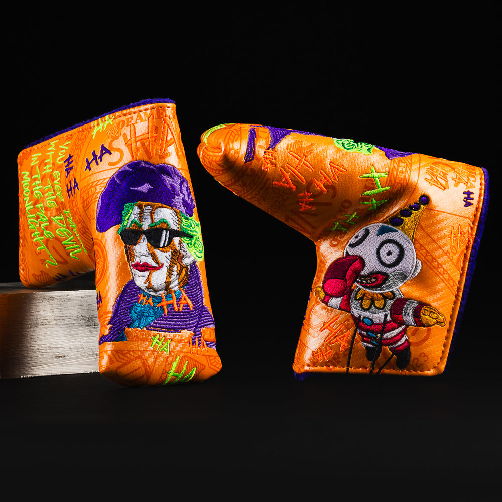 Defaced Jack Hamilton orange and purple joker themed blade putter gold head cover made in the USA.