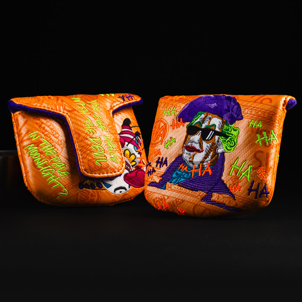 Defaced Jack Hamilton orange and purple Joker themed mallet putter golf head cover made in the USA.