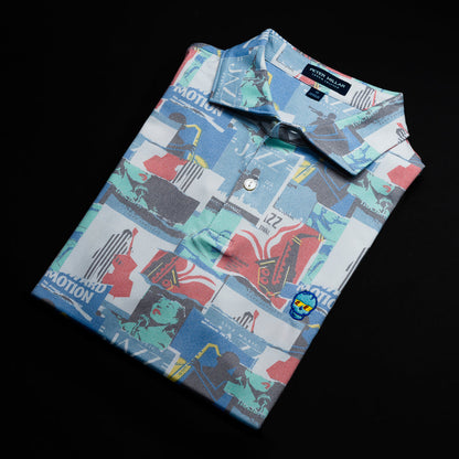 Peter Millar men's short sleeve performance golf polo with jazz themed print.