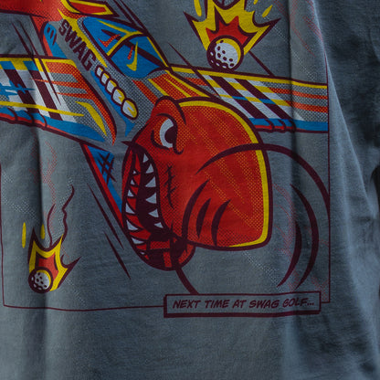 SWAG Golf Bombs Away! grey comfort colors short sleeve heavyweight graphic print t-shirt with vintage bomber plane comic book scene.