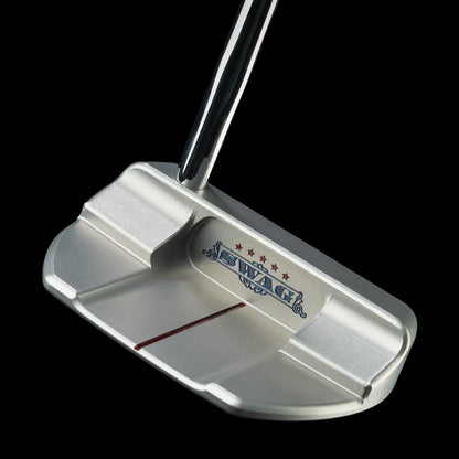 SWAG Golf Patriotic Abe The Boss 2.0 limited edition mid-mallet golf putter made in the USA and featuring a patriotic party scene of Abraham Lincoln.