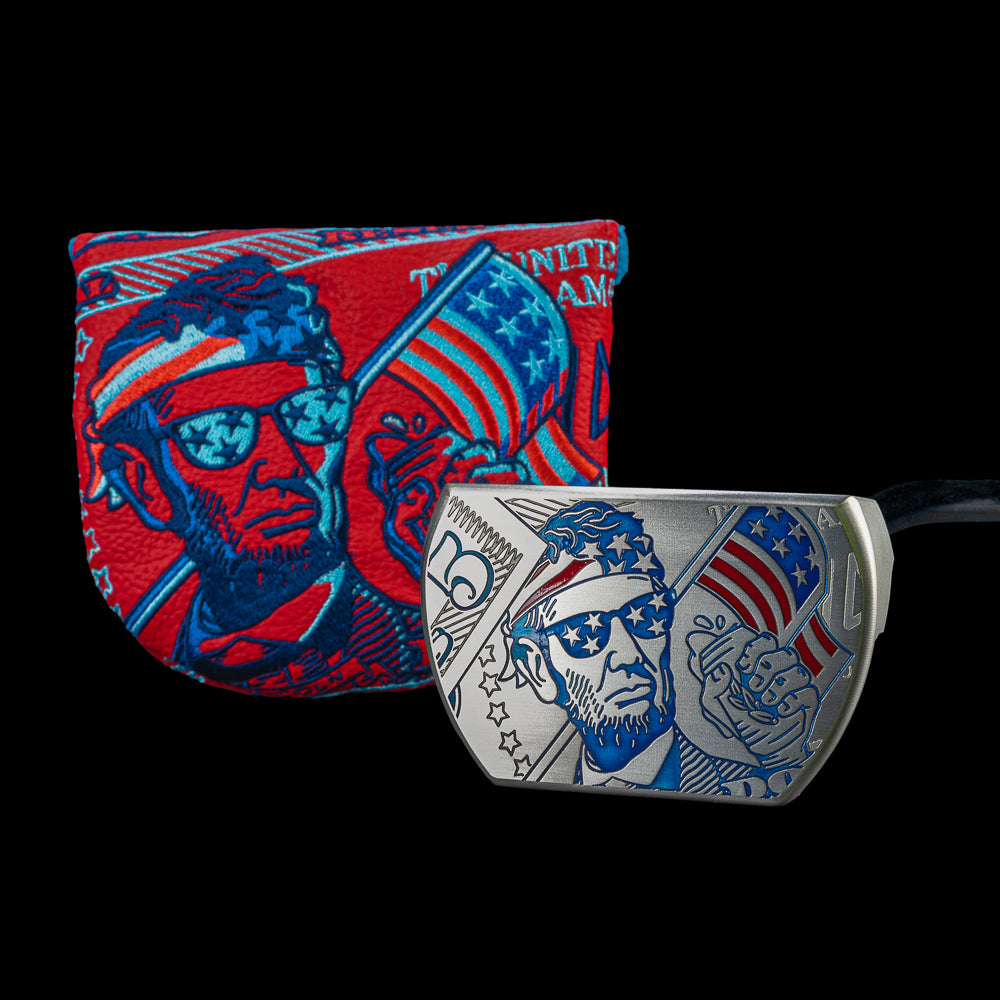 SWAG Golf Patriotic Abe The Boss 2.0 limited edition mid-mallet golf putter made in the USA and featuring a patriotic party scene of Abraham Lincoln.
