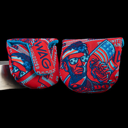 SWAG Golf Patriotic Abe The Boss 2.0 limited edition mid-mallet golf putter made in the USA and featuring a patriotic party scene of Abraham Lincoln.
