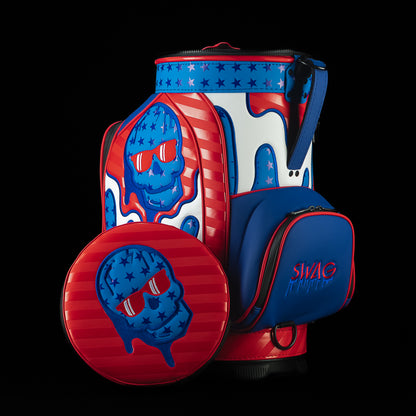 Front angled view of the American 3D Drip Skull Den Caddy Cooler featuring a patriotic skull design with stars and stripes artwork.
