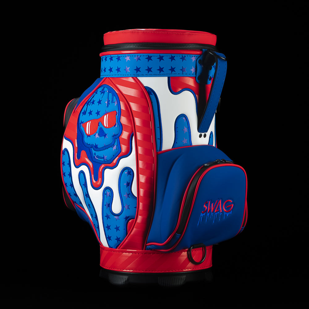 Opposite side view of the American 3D Drip Skull Den Caddy Cooler featuring patriotic skull artwork and red, white, and blue graphics.
