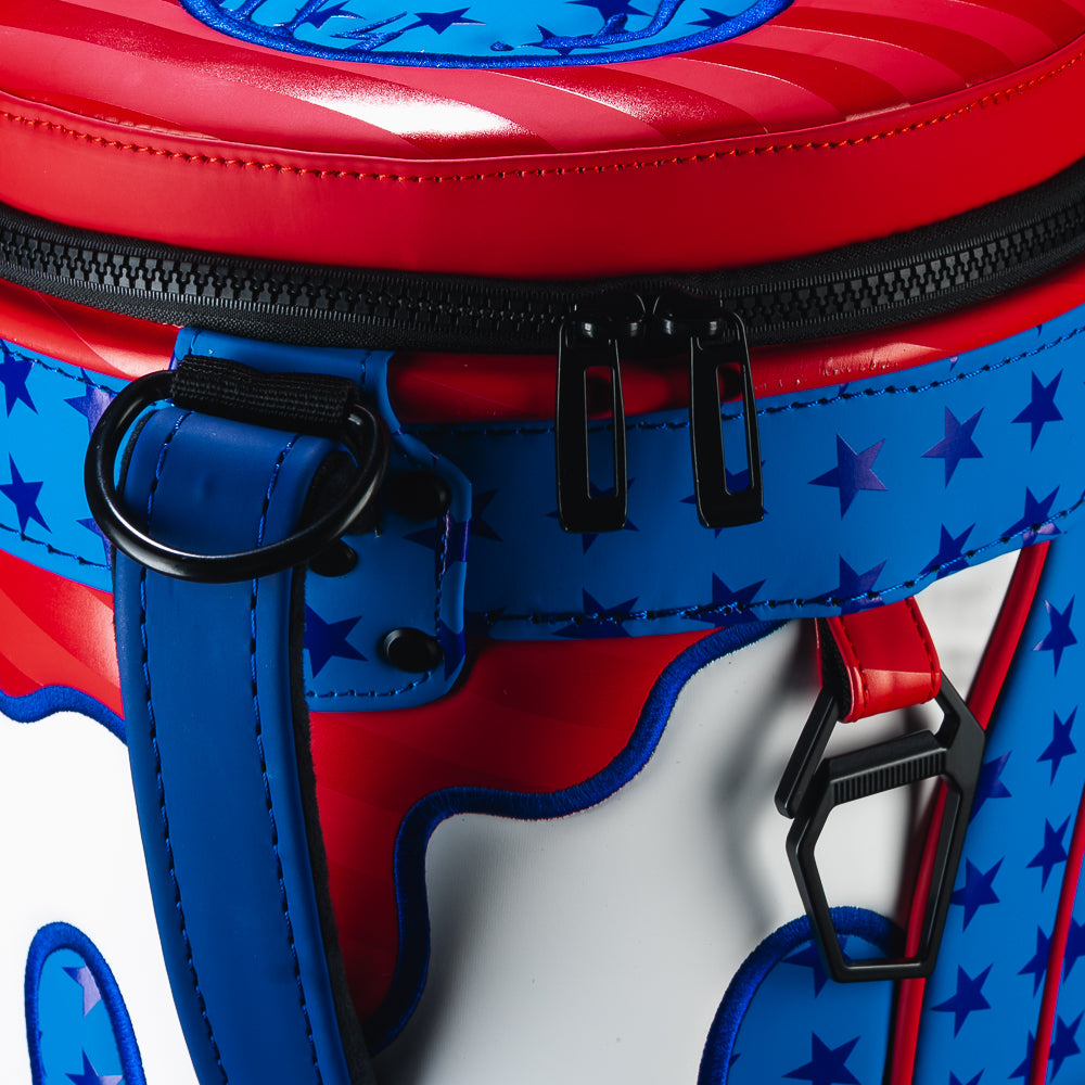 Back view of the American 3D Drip Skull Den Caddy Cooler featuring patriotic design details and embroidered graphics.