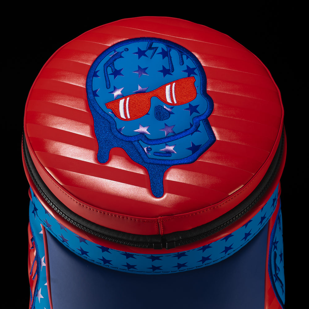 Top view of the American 3D Drip Skull Den Caddy Cooler featuring embroidered skull artwork on the lid.